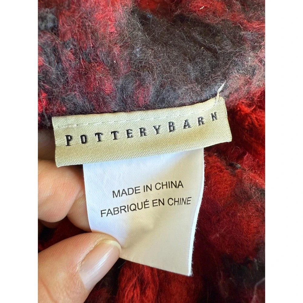 Pottery Barn 50x70 Red Black Tartan Plaid Fringe Acrylic Throw Blanket Cottage